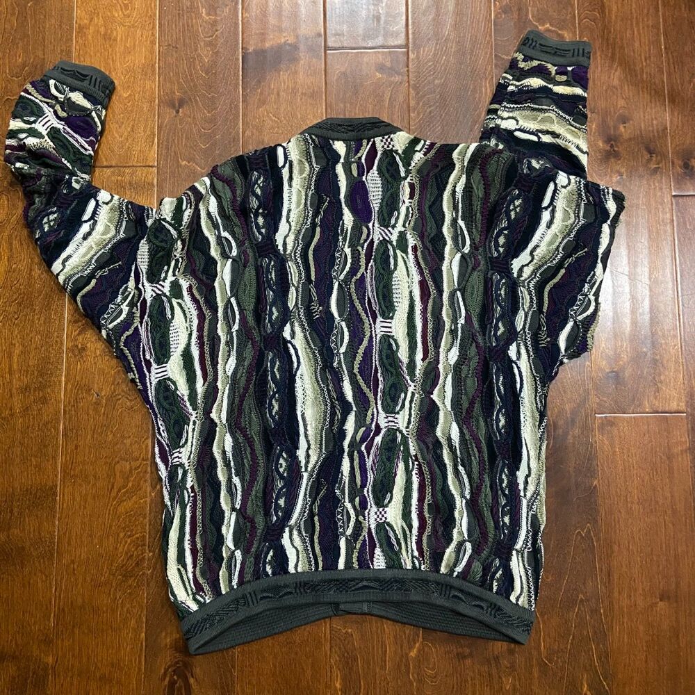Coogi Australia Vintage 3D Chunky Knit Green Purple Cardigan Sweater Size M - Picture 5 of 9